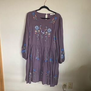 Purple Flower Embroidered Long-Sleeve Dress